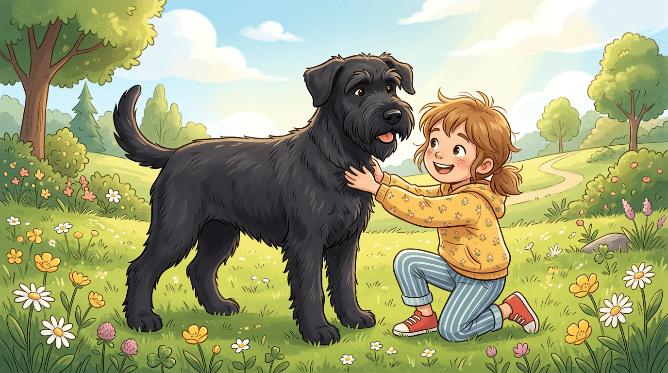 Ein großer schwarzer Riesenschnauzer mit Bart und ein lachendes Kind spielen zusammen auf einer grünen Sommerwiese.