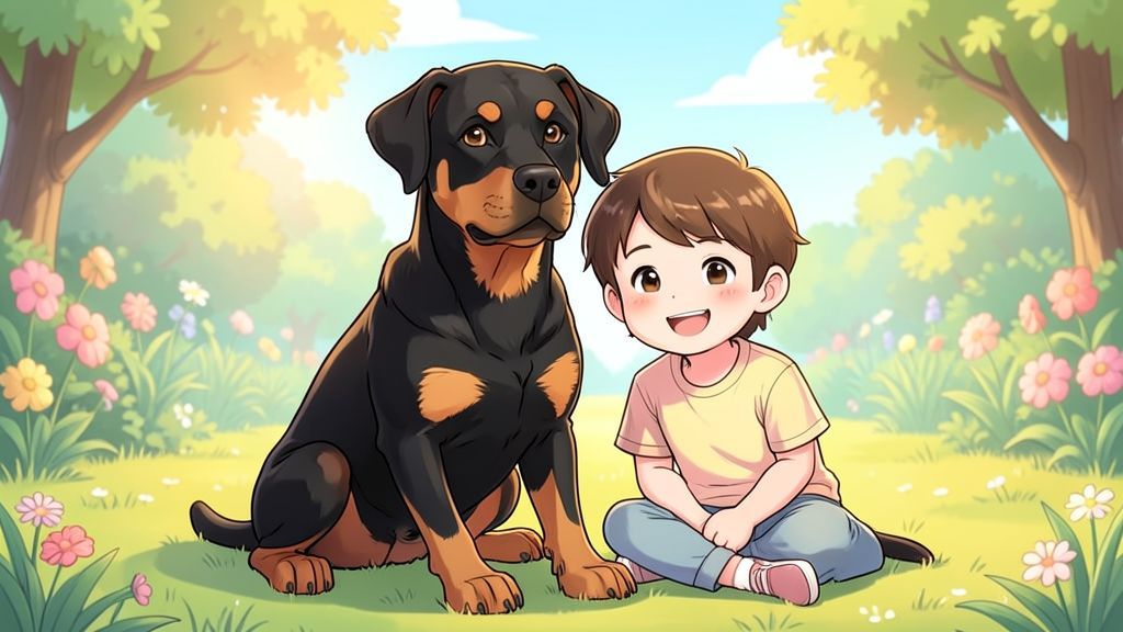 Ein freundlicher Rottweiler mit schwarzem Fell und braunen Abzeichen sitzt neben einem Kind auf einer Blumenwiese.