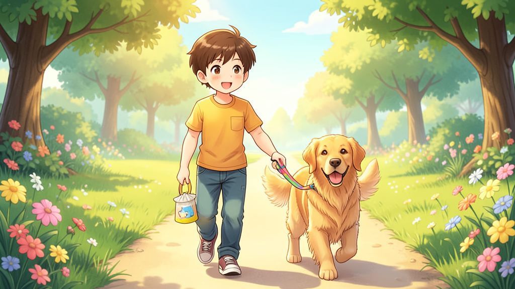 Ein Kind geht mit einem Golden Retriever im Park spazieren und hat einen Kotbeutelspender an der Leine.