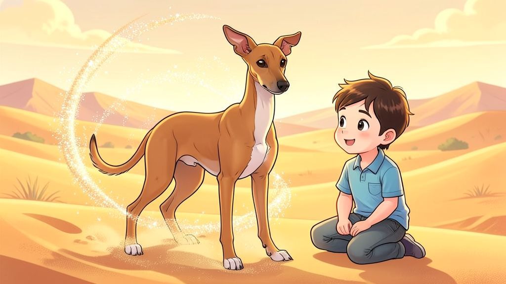 Eine zauberhafte Kinderbuch-Illustration eines eleganten Saluki-Hundes, der aus goldenem Wüstensand und Windwirbeln entsteht, neben einem lächelnden Kind.