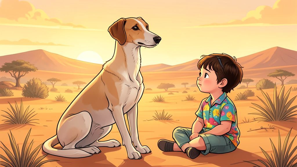 Eine wunderschöne Illustration eines eleganten Saluki-Hundes, der neben einem Kind in einer sonnigen Wüstenlandschaft sitzt.