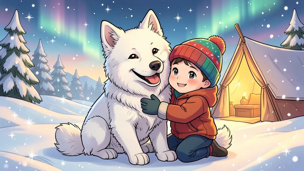 Ein weißer, lächelnder Samojede kuschelt mit einem Kind in einer verschneiten Winterlandschaft.