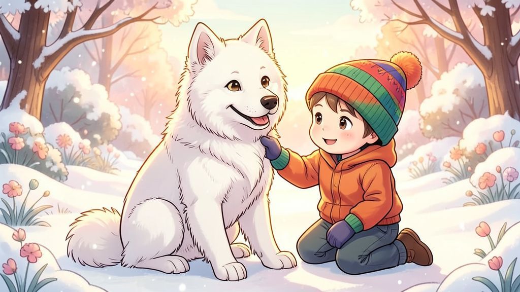 Ein flauschiger, weißer Samojede Hund lächelt ein Kind in einer verschneiten Winterlandschaft an.