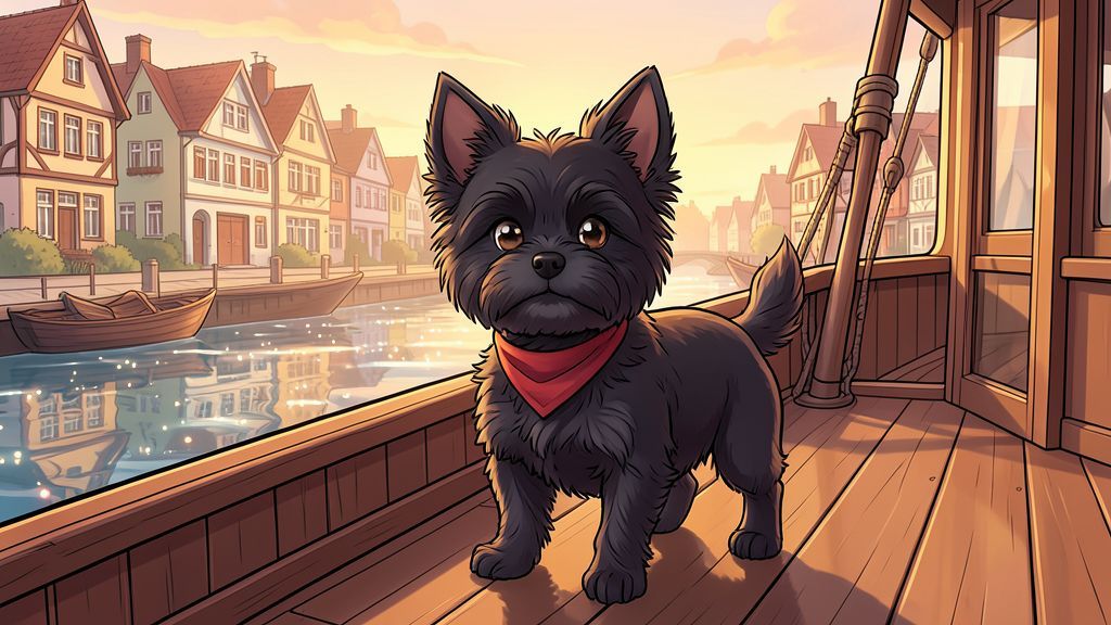 Ein kleiner schwarzer Schipperke Hund steht wachsam auf dem Deck eines Schiffes in einem belgischen Kanal.
