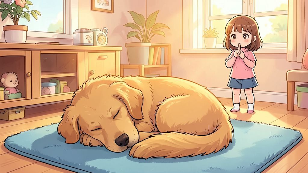 Illustration eines schlafenden Hundes und eines Kindes, das leise vorbeigeht.