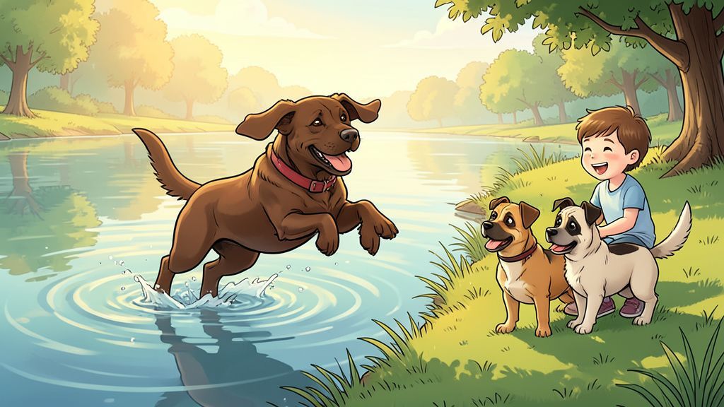 Ein brauner Labrador springt fröhlich in einen blauen See, während ein kleiner beiger Mops vorsichtig auf der Wiese am Ufer steht.