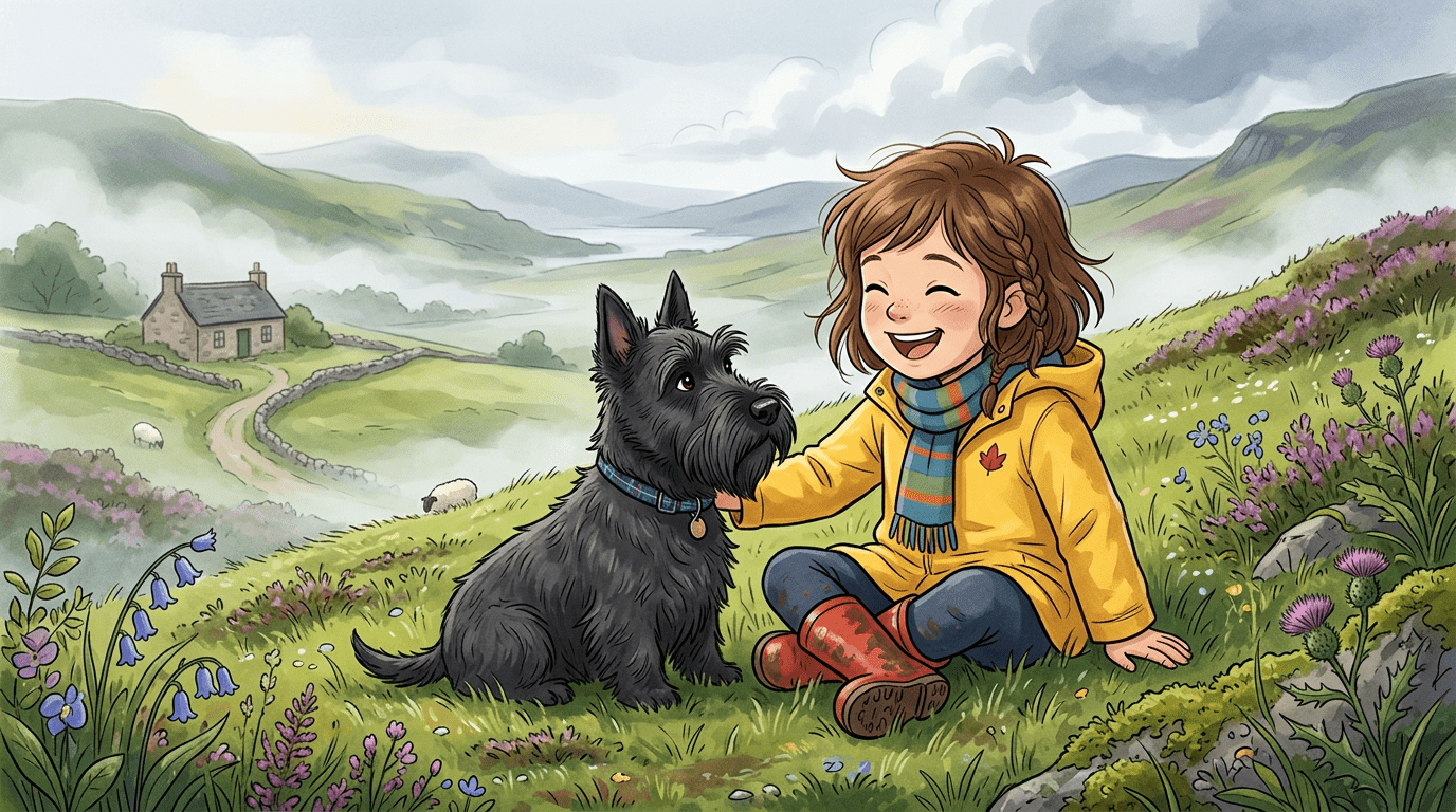 Eine kindgerechte Illustration eines schwarzen Scottish Terriers mit Bart, der neben einem Kind auf einer Wiese sitzt.