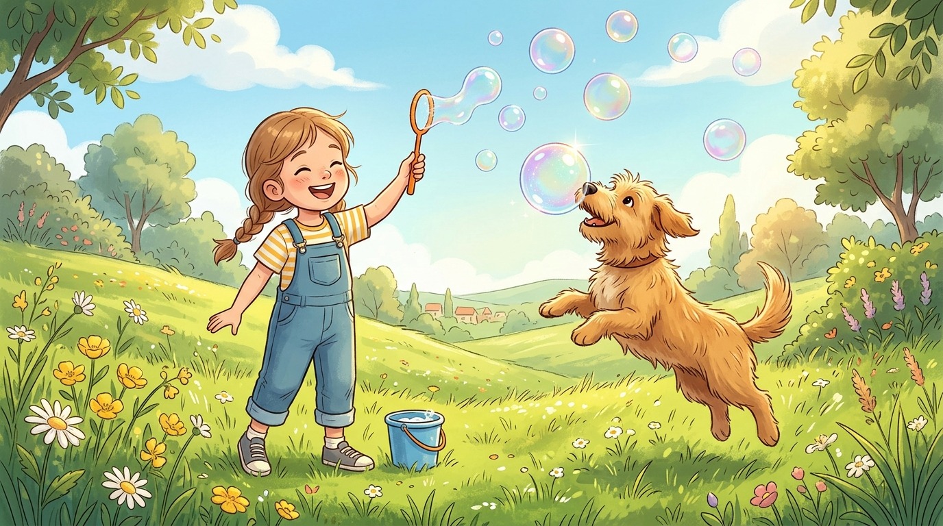 Ein lachendes Kind pustet Seifenblasen in einem sonnigen Garten, während ein aufmerksamer Hund versucht, eine Blase mit der Nase zu fangen.