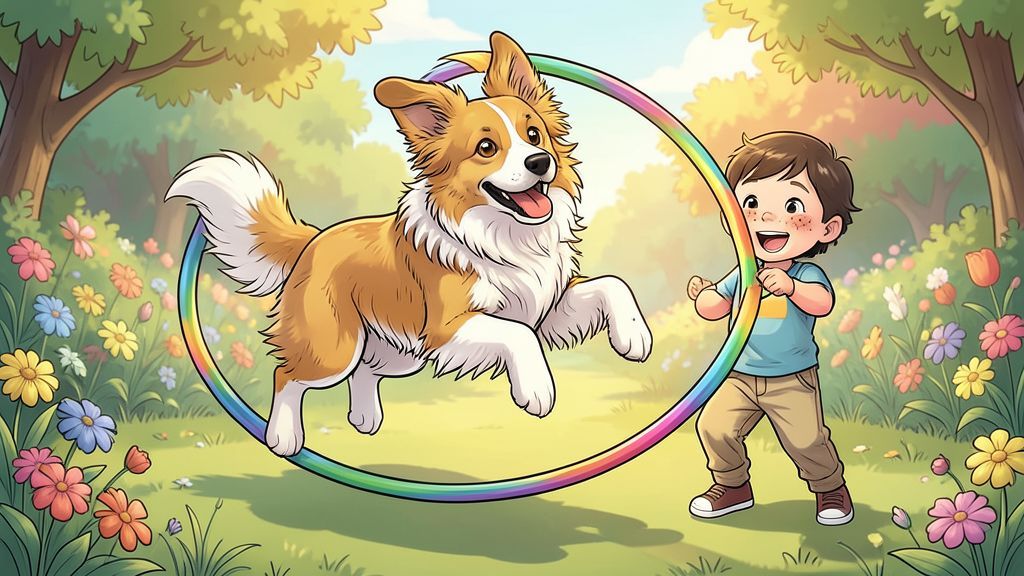 Ein flauschiger Shetland Sheepdog springt freudig durch einen Reifen, den ein lachendes Kind hält.