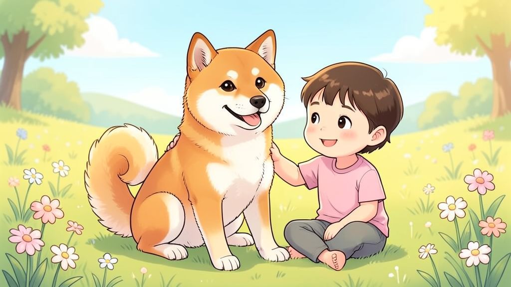 Ein lächelnder Shiba Inu Hund sitzt neben einem kleinen Kind auf einer bunten Blumenwiese.