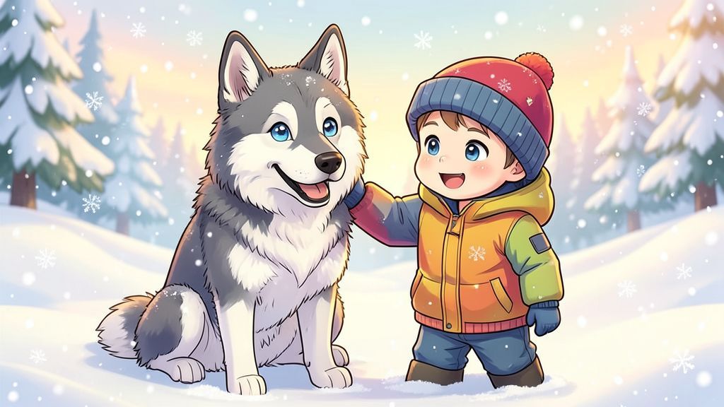 Ein lächelnder Siberian Husky mit einem blauen und einem braunen Auge steht neben einem Kind im Schnee.