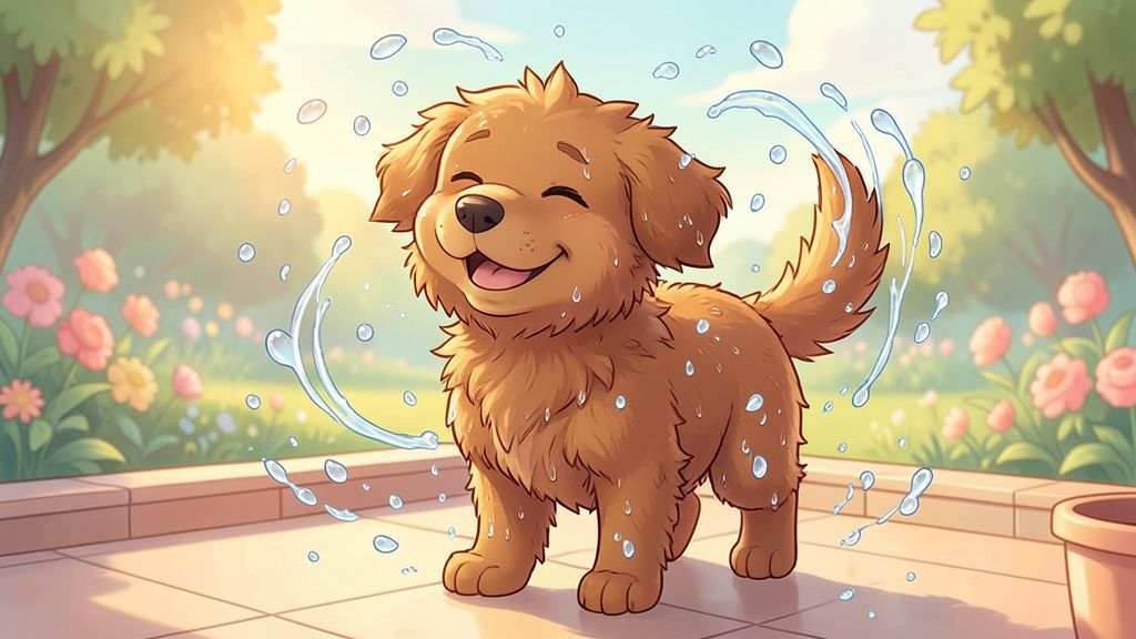 Eine fröhliche Kinderbuch-Illustration eines wuscheligen Hundes, der sich kräftig schüttelt und dabei glitzernde Wassertropfen in der Sonne verteilt.