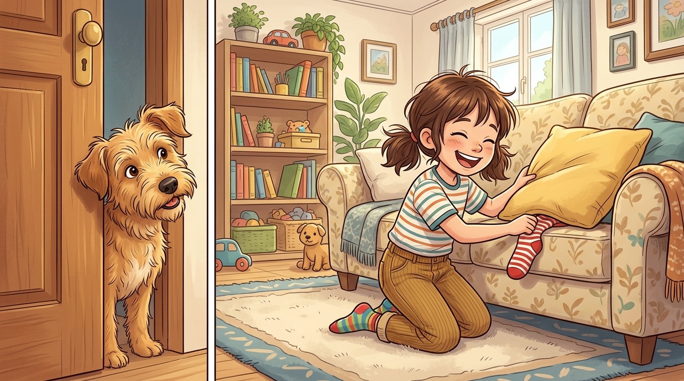 Ein glückliches Kind versteckt eine bunte Socke hinter einem Kissen, während ein Hund neugierig um die Ecke schaut.