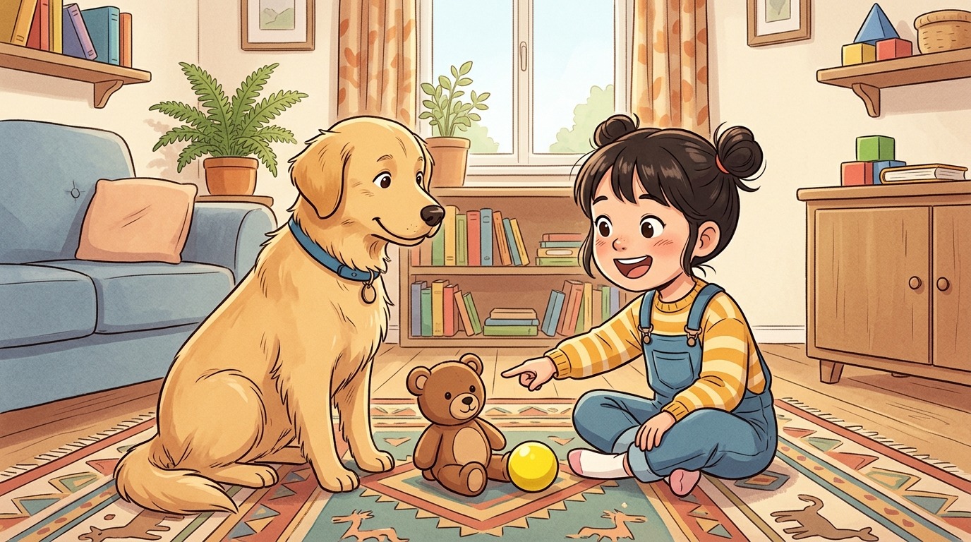 Ein Kind und ein aufmerksamer Hund spielen gemeinsam das Spielzeug-Memory mit einem Ball und einem Plüschbären.