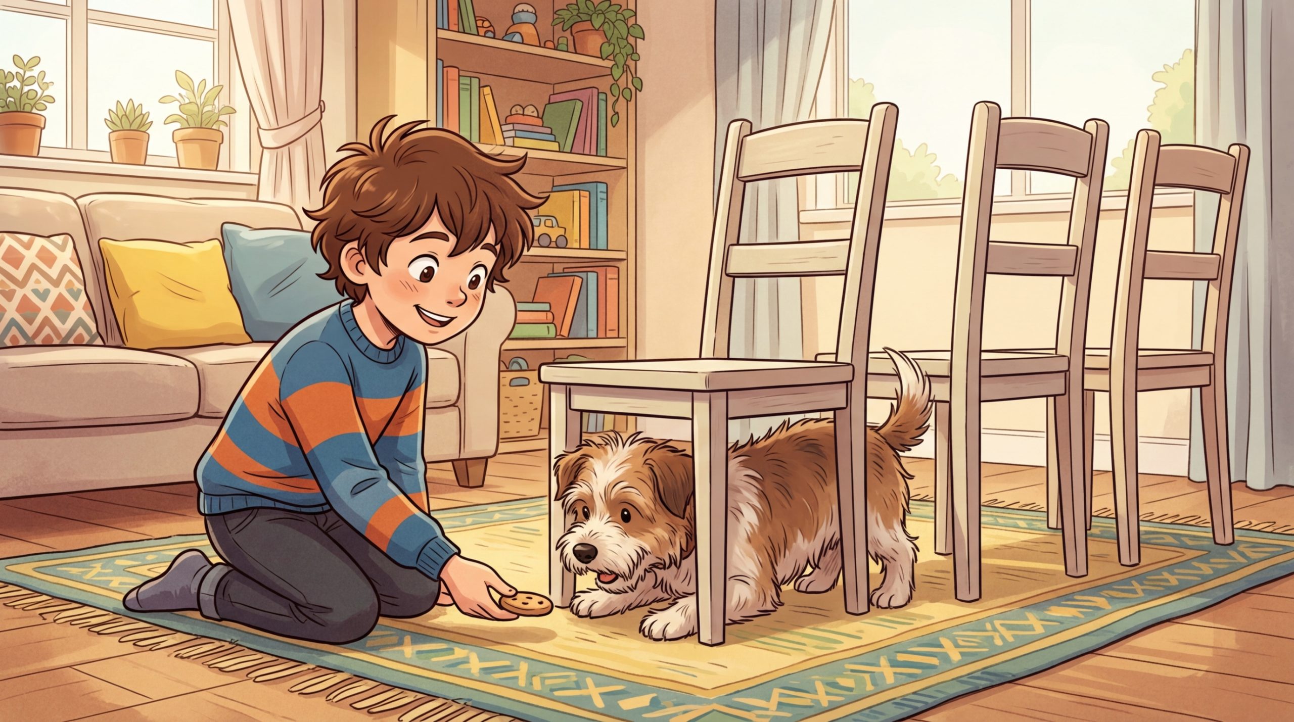 Ein lächelndes Kind kniet auf dem Boden und führt einen kleinen Hund mit einem Leckerli durch einen Tunnel aus hintereinander aufgestellten Stühlen.