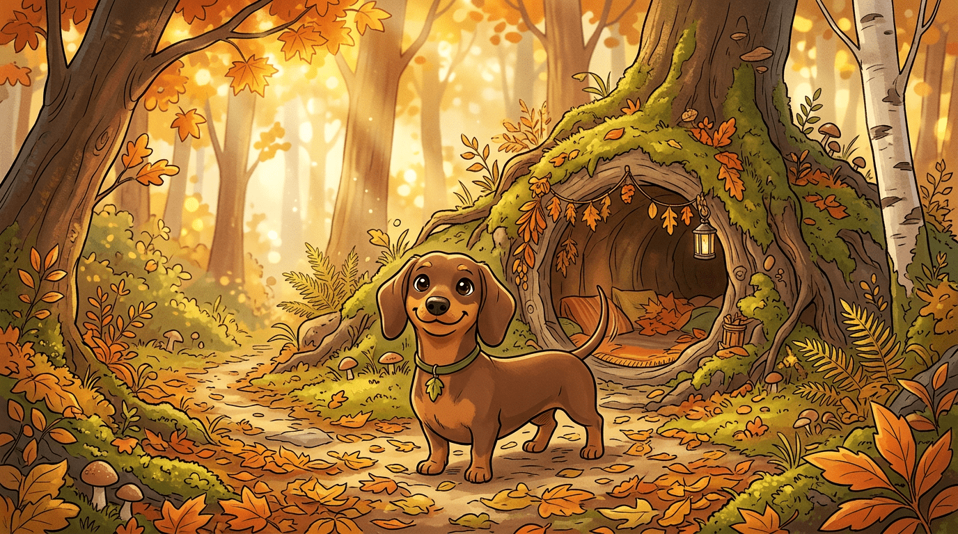 Ein tapferer kleiner Teckel steht freundlich lächelnd vor einem Fuchsbau im herbstlichen Wald.
