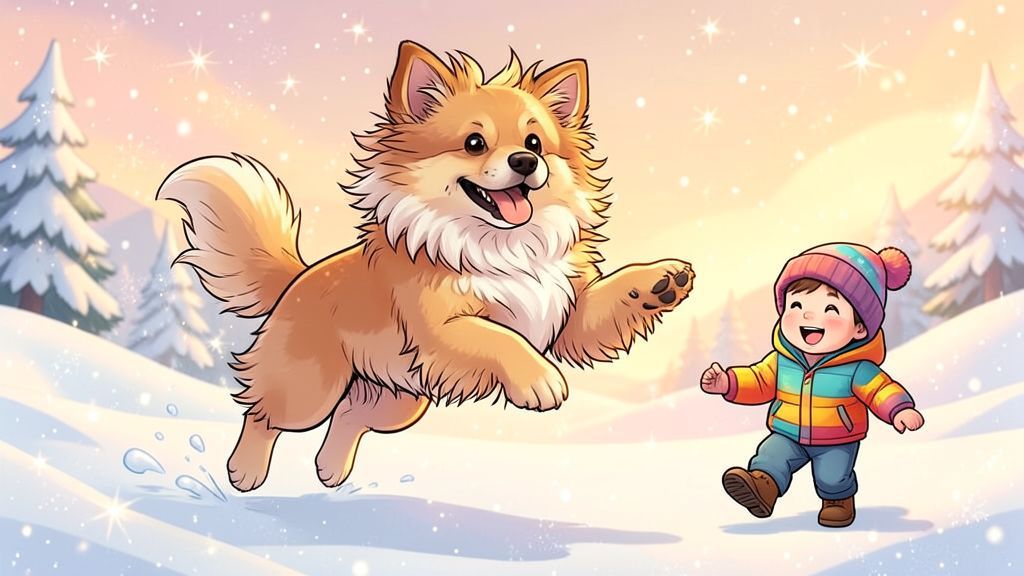 Ein wuscheliger Tibet Terrier springt fröhlich durch tiefen Schnee, während ein lachendes Kind im Winteroutfit daneben steht.