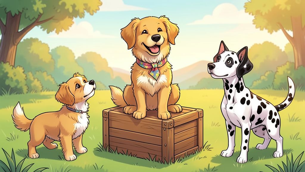 Ein freundlicher Hund mit einem bunten Halstuch sitzt stolz auf einem kleinen Podest, während andere Hunde fröhlich zu ihm aufschauen.