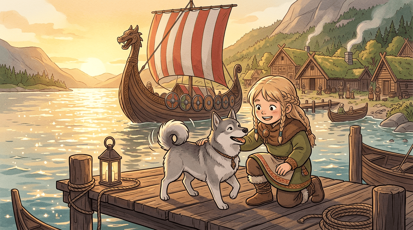 Ein kleiner Västgötaspets Hund steht wachsam an einem Wikinger-Steg neben einem großen Drachenschiff.