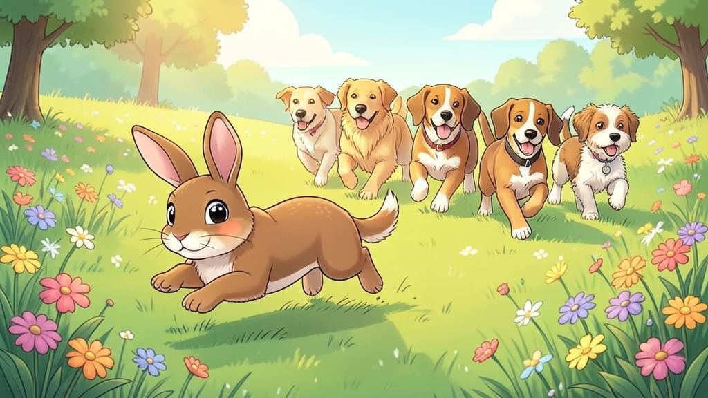 Eine kindgerechte Illustration eines flinken braunen Hasen auf einer Wiese, der von einer Gruppe freundlich aussehender Hunde verfolgt wird.