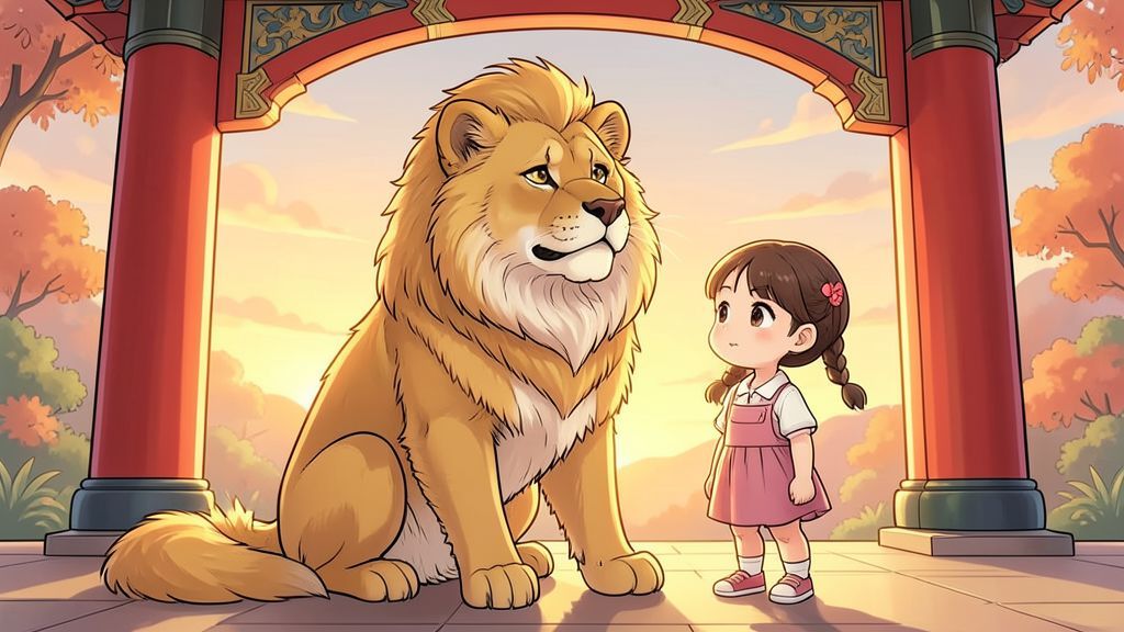 Eine Illustration eines freundlichen, goldenen Löwenhundes mit einer prächtigen Mähne, der vor einem asiatischen Tempeleingang sitzt und von einem kleinen Kind angelächelt wird.