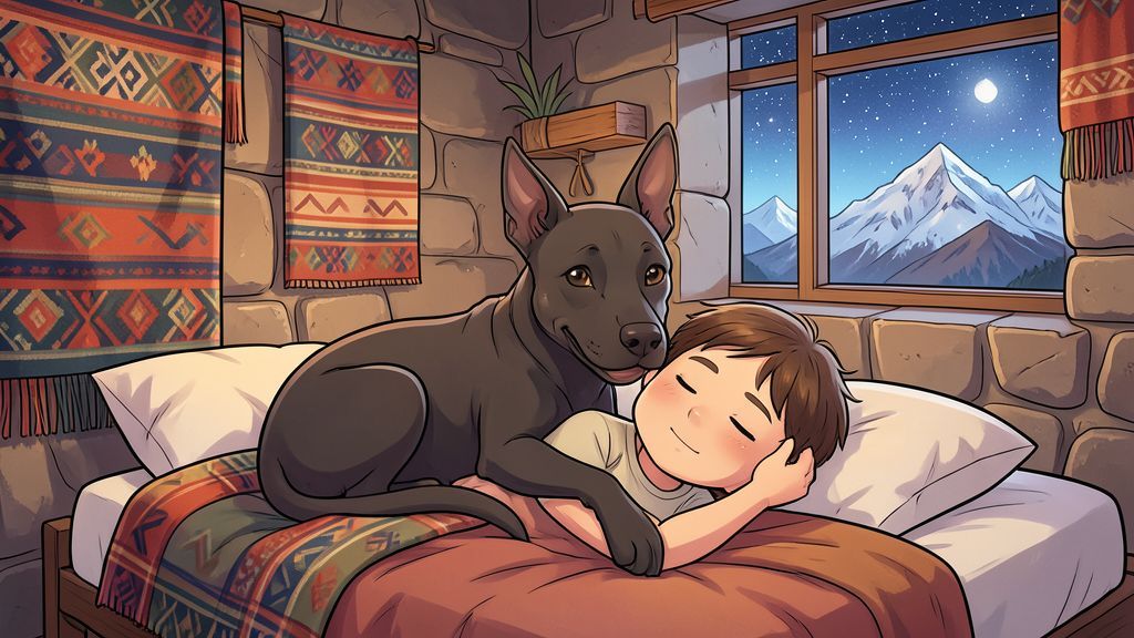 Ein glückliches Kind kuschelt sich in einer kühlen Nacht an einen warmen peruanischen Nackthund aus der Inka-Zeit.