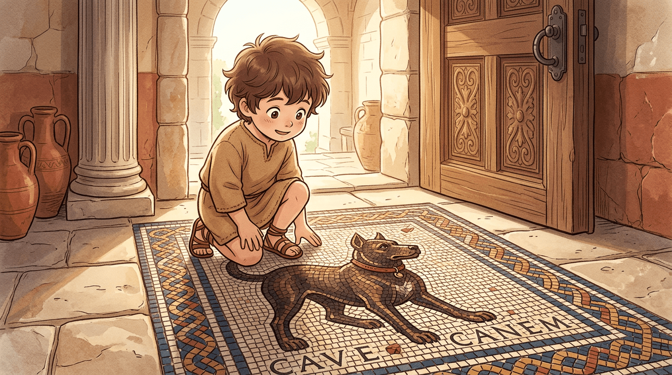 Ein antikes römisches Bodenmosaik mit einem Hund und der Aufschrift Cave Canem in einer kindgerechten Illustration.