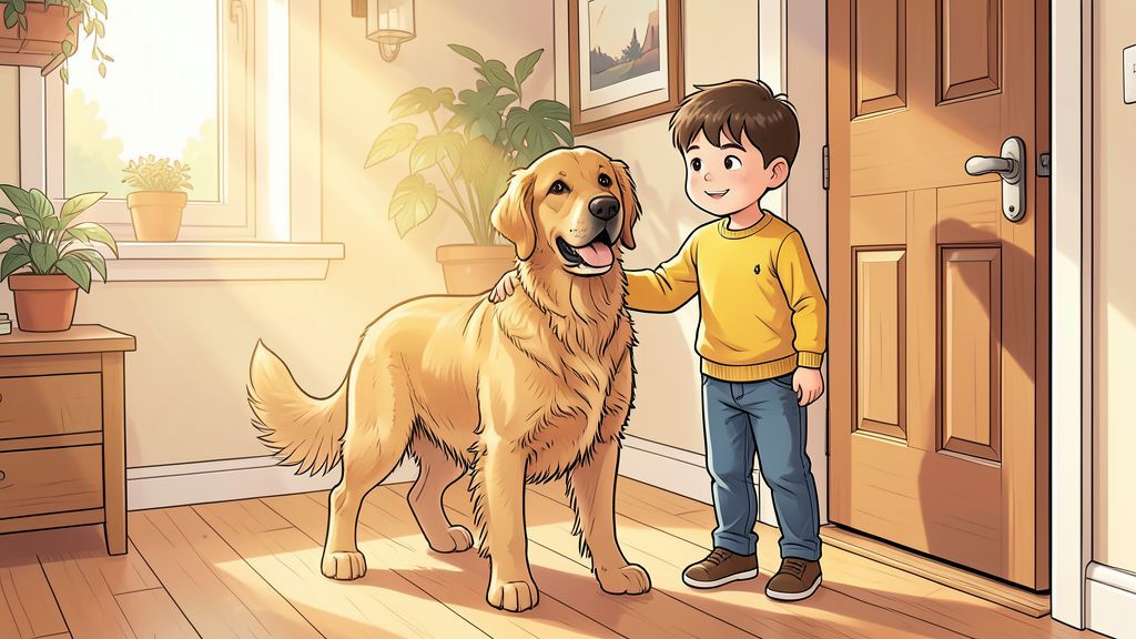Ein freundlicher heller Hund steht aufmerksam im Flur vor der Haustür während ein Kind ihn sanft beruhigt.