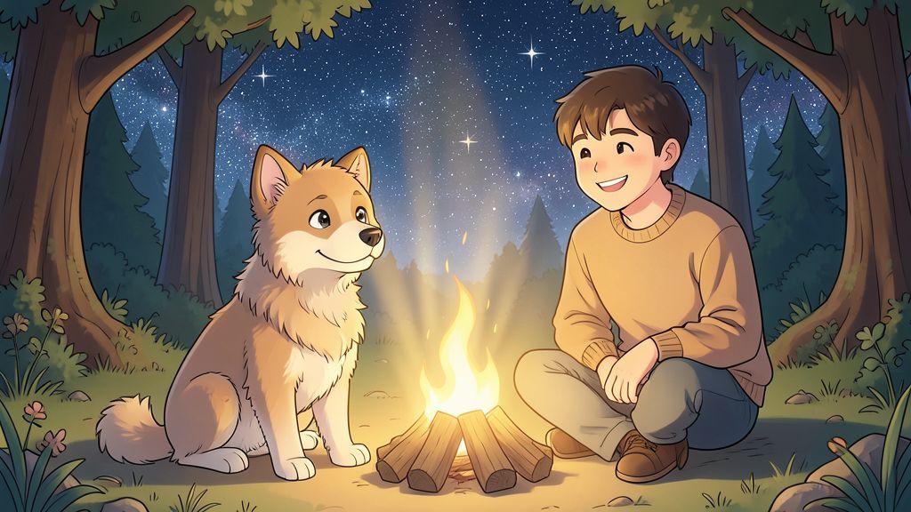 Eine liebevolle Illustration eines Hundes, der neben einem Menschen an einem gemütlichen Lagerfeuer sitzt.