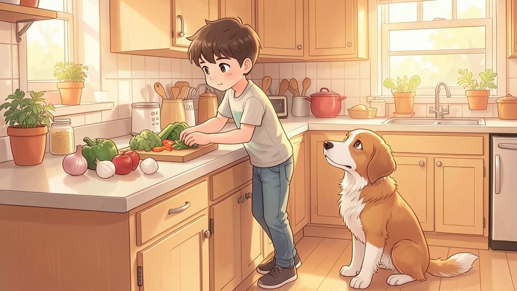 Ein Kind bereitet in der Küche Gemüse vor, während ein Mischlingshund brav auf dem Boden sitzt.