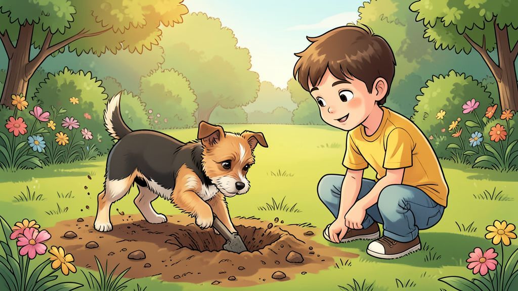 Ein kleiner Hund gräbt im Garten ein Loch in die Erde während ein Kind neugierig zusieht.