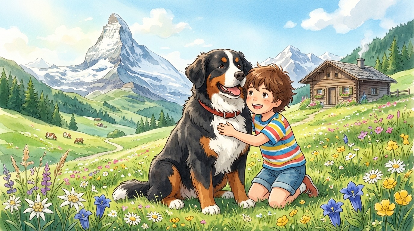 Ein flauschiger Berner Sennenhund sitzt neben einem lächelnden Kind auf einer grünen Schweizer Bergwiese vor einem Alpenpanorama.