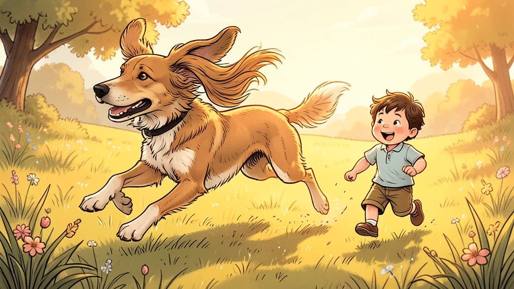 Ein schlanker Windhund rennt spielerisch über eine bunte Blumenwiese neben einem fröhlichen Kind.