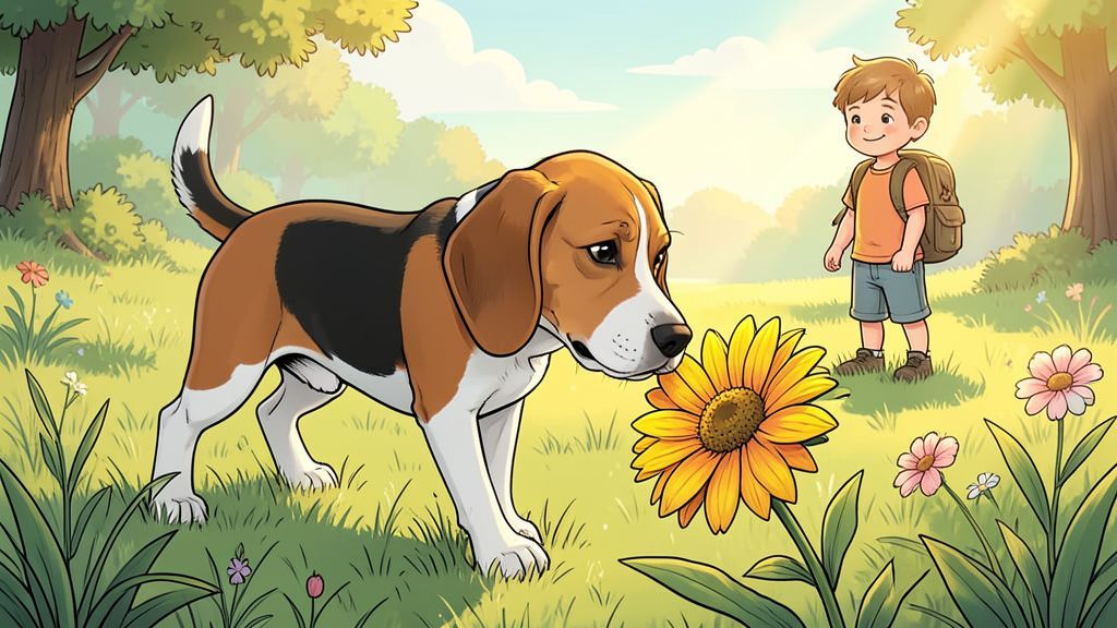 Ein braun-weiss-schwarzer Beagle schnueffelt neugierig an einer bunten Blume auf einer gruenen Wiese.