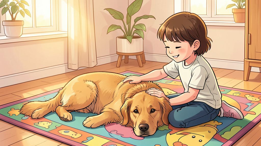 Ein flauschiger Golden Retriever liegt entspannt auf dem Rücken auf einem Teppich und zeigt seinen Bauch.