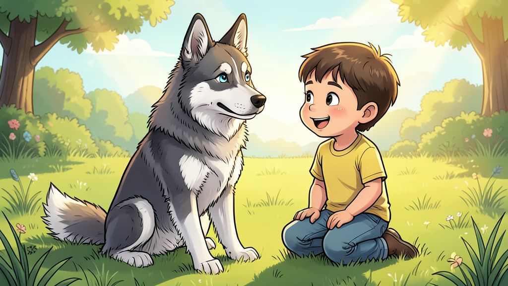 Ein freundlicher Siberian Husky mit leuchtend blauen Augen sitzt neben einem Kind auf einer sonnigen Wiese.