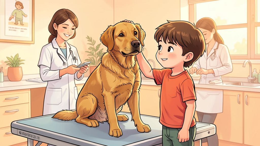 Ein freundlicher Golden Retriever sitzt geduldig in einer hellen Tierarztpraxis neben einem Kind.