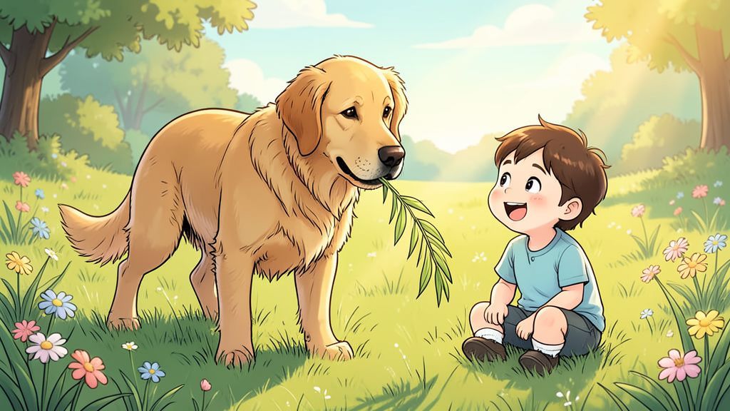 Ein freundlicher goldener Hund knabbert auf einer grünen Wiese an Grashalmen während ein Kind zuschaut.