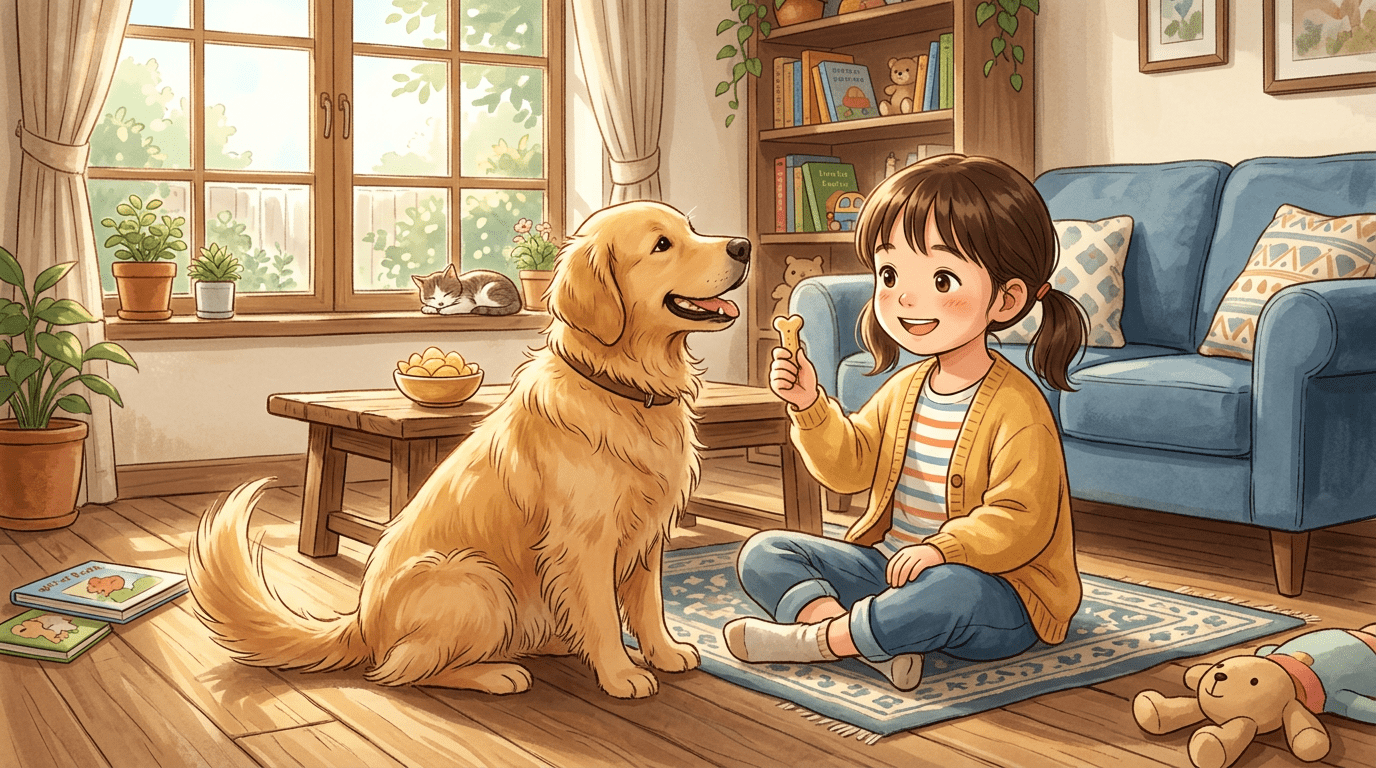 Ein Kind sitzt mit einem Golden Retriever auf einem Teppich und reicht ihm ein gesundes Hundeleckerli, während eine Tüte Chips sicher außer Reichweite steht.