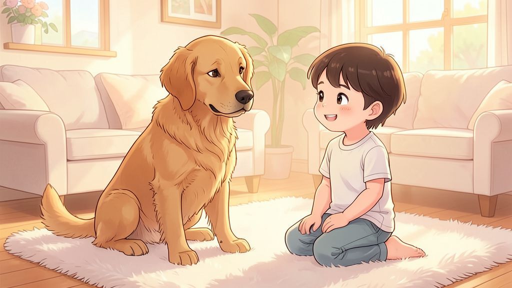 Ein Golden Retriever legt den Kopf schief, während ein Kind freundlich mit ihm spricht.