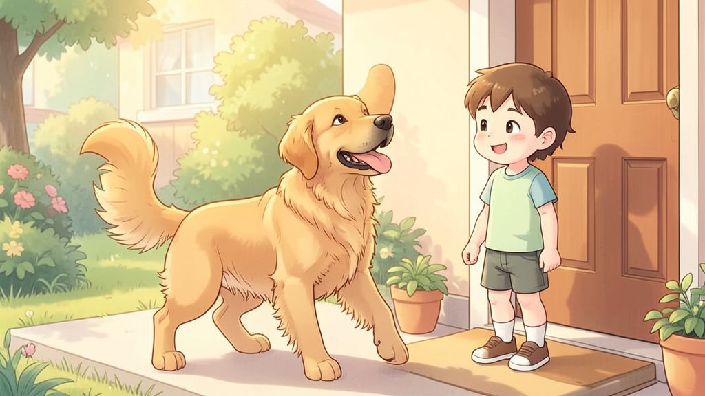 Ein fröhlicher Golden Retriever, der an der Haustür steht und zur Begrüßung eines Kindes mit dem Schwanz wedelt.