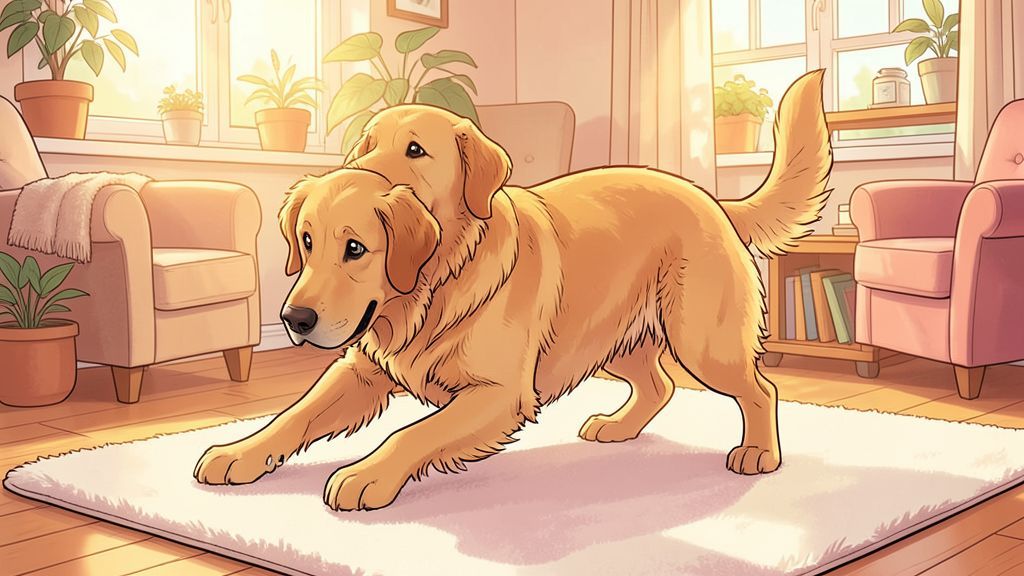 Ein freundlicher Golden Retriever streckt sich nach dem Schlafen ausgiebig auf einem hellen Teppich.