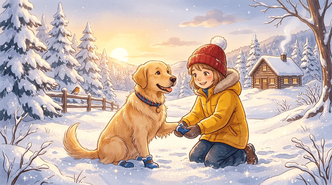 Ein Kind kniet im Schnee und zieht einem Golden Retriever vorsichtig einen blauen Schutzschuh an.