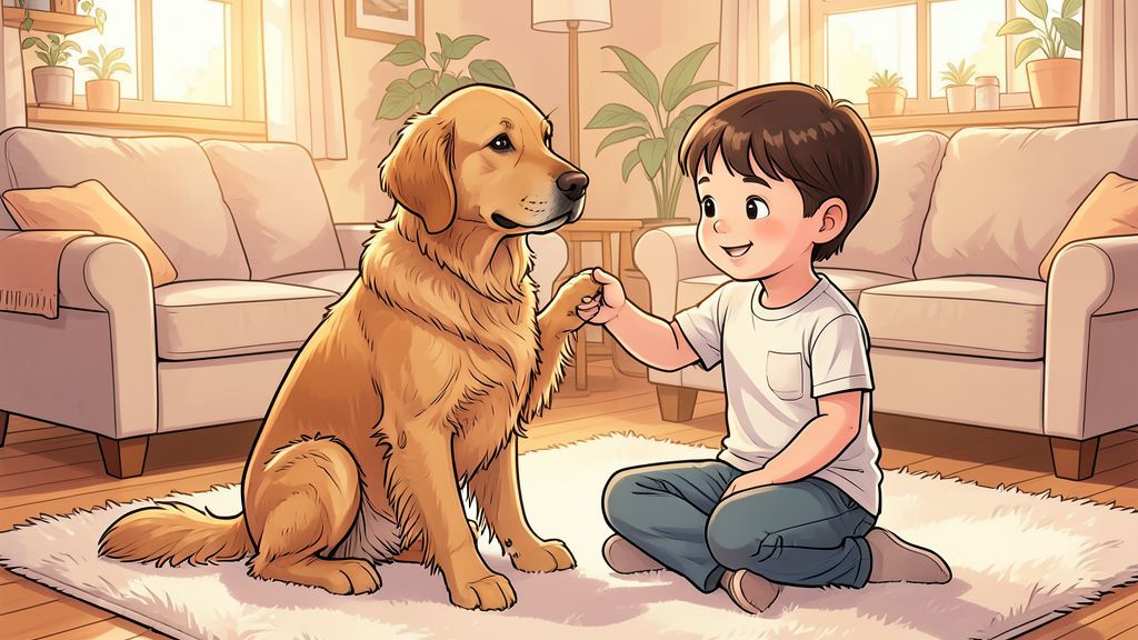 Ein Kind und ein goldener Hund sitzen gemütlich auf einem Teppich und betrachten eine Hundepfote.