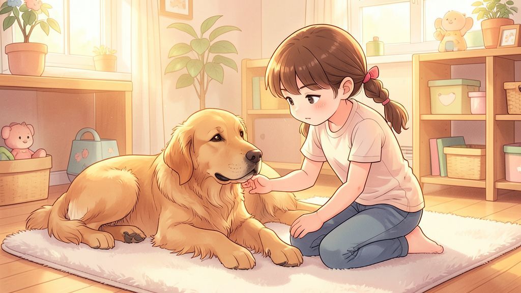 Ein Kind kümmert sich liebevoll um einen Golden Retriever mit einer kleinen Wunde an der Pfote.
