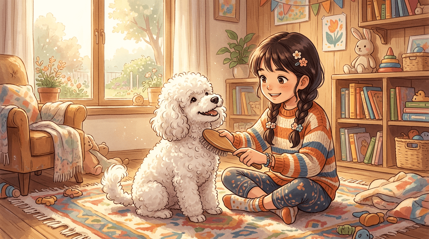 Ein glückliches Kind bürstet liebevoll einen weißen Zwergpudel in einem hellen Zimmer.