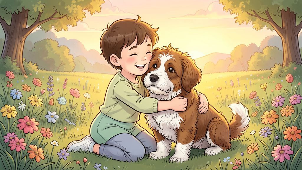 Ein Kind umarmt glücklich seinen Hund auf einer sonnigen Wiese und ignoriert die Welt um sich herum.