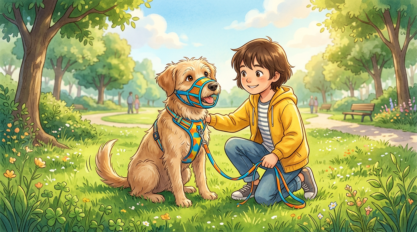 Ein glücklicher Hund mit einem bunten Maulkorb sitzt neben einem Kind im Park.