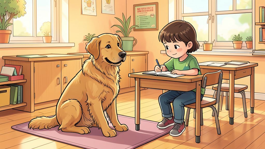 Ein freundlicher Golden Retriever sitzt ruhig neben einem Schulkind an einem Schreibtisch in einem hellen Klassenzimmer.