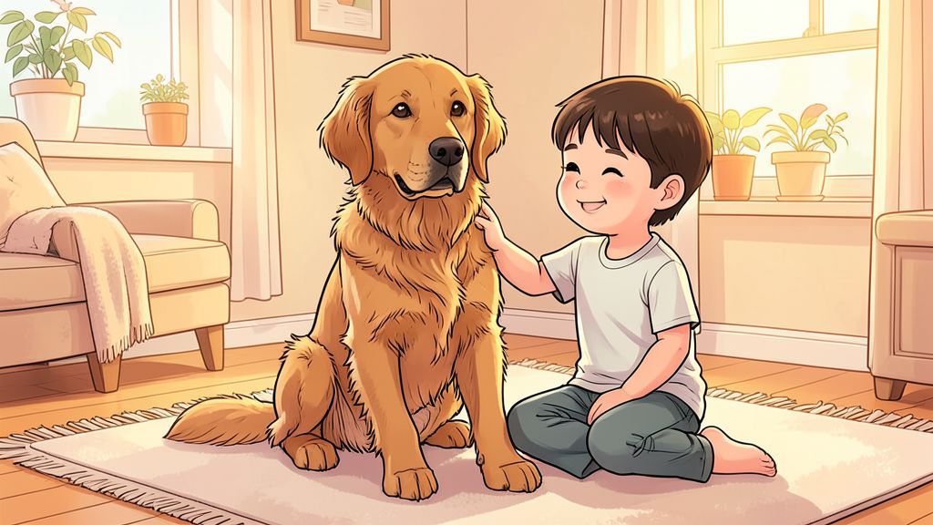 Ein sanftmütiger Golden Retriever sitzt geduldig neben einem Kind auf einem Teppich und wird gestreichelt.